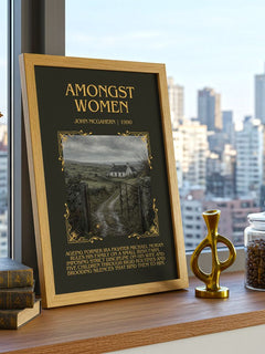 Amongst Women Minimalist Book Poster by John McGahern – framed print on a city-view windowsill