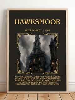 Hawksmoor Minimalist Book Poster by Peter Ackroyd – framed print leaning on a wooden floor