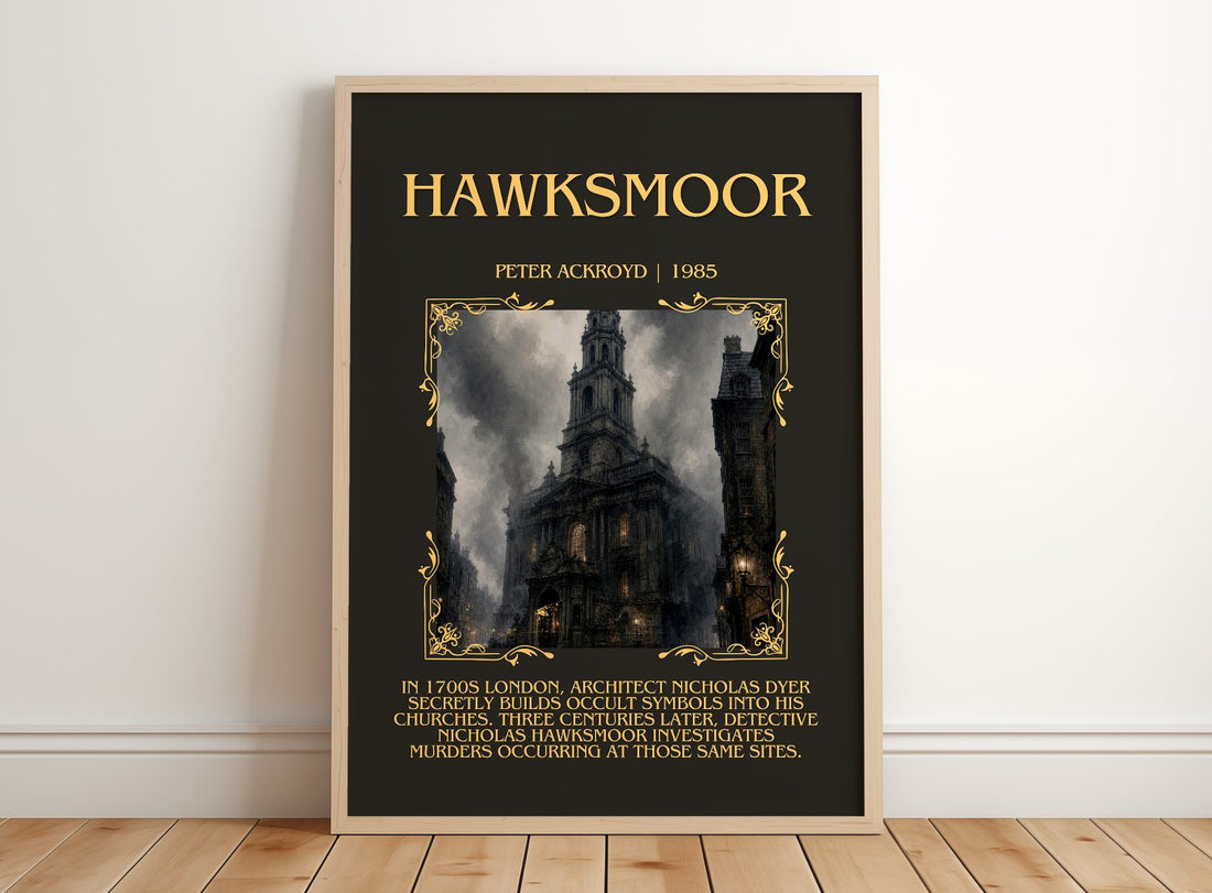 Hawksmoor Minimalist Book Poster by Peter Ackroyd – framed print leaning on a wooden floor