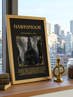 Hawksmoor Minimalist Book Poster by Peter Ackroyd – framed print on a city-view windowsill