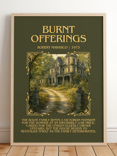 Burnt Offerings Minimalist Book Poster by Robert Marasco – framed print leaning on a wooden floor
