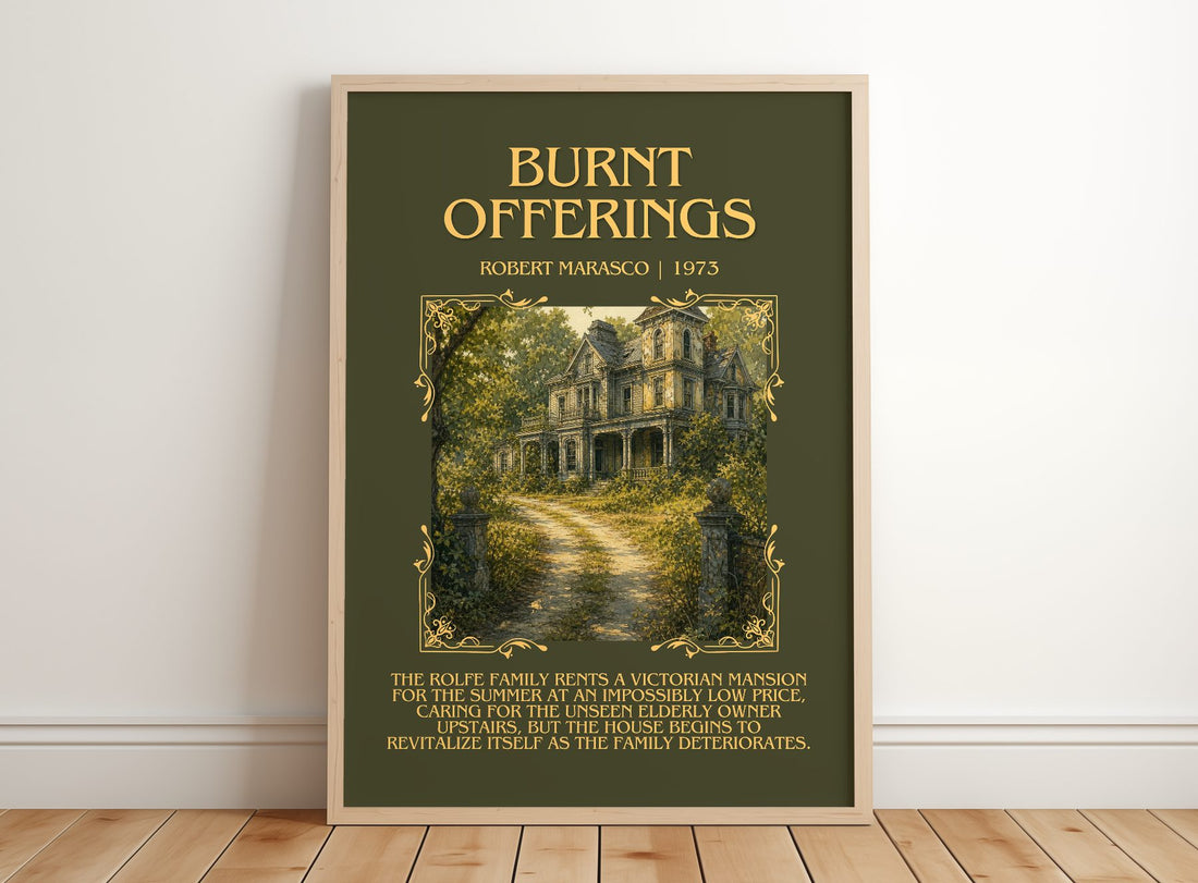 Burnt Offerings Minimalist Book Poster by Robert Marasco – framed print leaning on a wooden floor