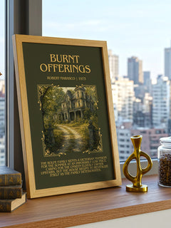 Burnt Offerings Minimalist Book Poster by Robert Marasco – framed print on a city-view windowsill