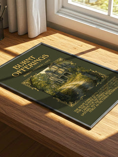 Burnt Offerings Minimalist Book Poster by Robert Marasco – print on a sunlit desk