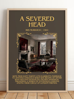 A Severed Head Minimalist Book Poster by Iris Murdoch – framed print leaning on a wooden floor