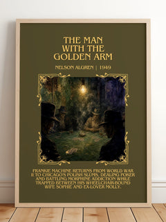 The Man with the Golden Arm Minimalist Book Poster by Nelson Algren – framed print leaning on a wooden floor