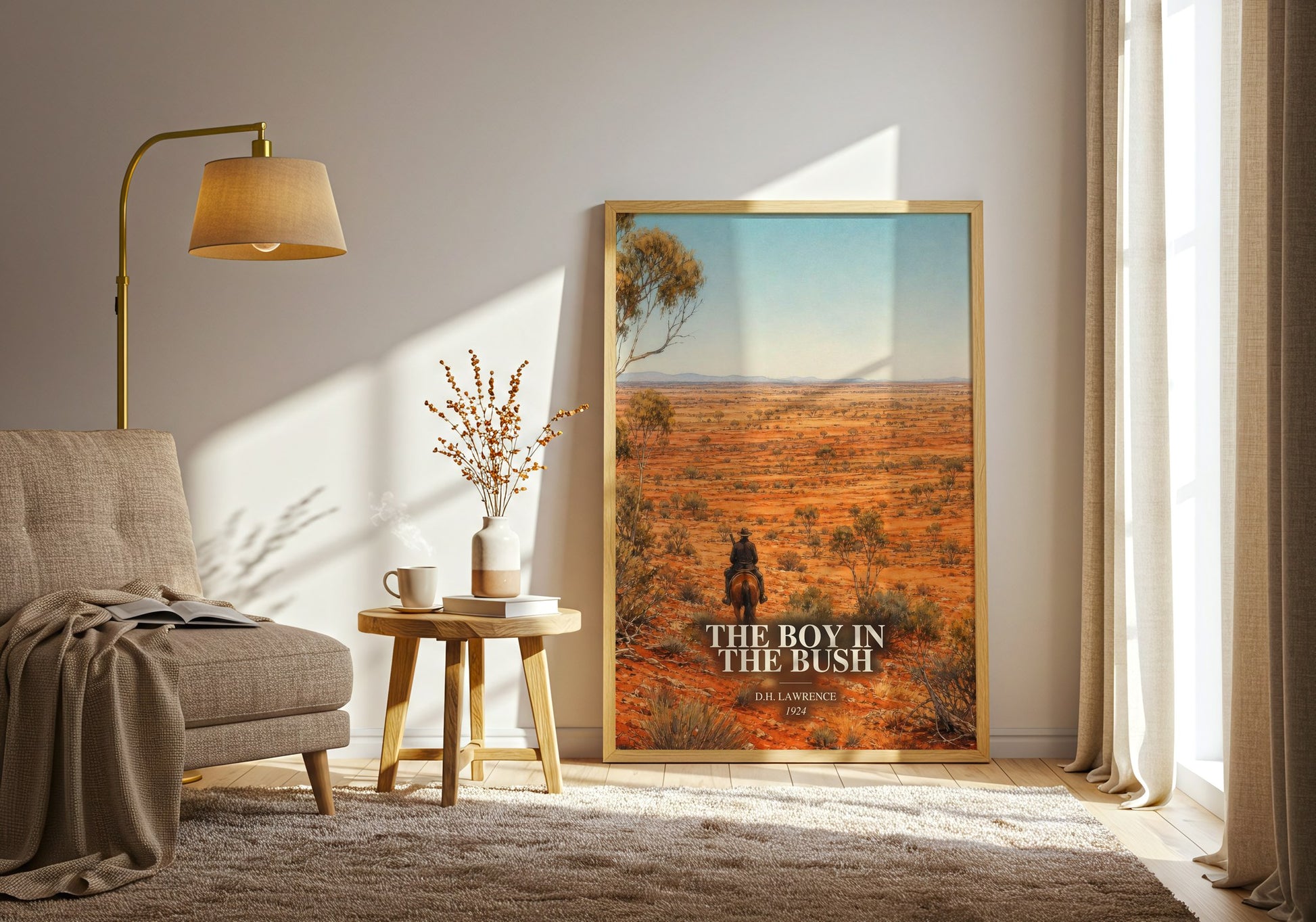 The Boy In The Bush watercolour print in frame leaning in hallway – coming of age wall art