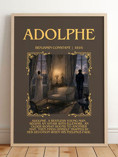 Adolphe Minimalist Book Poster by Benjamin Constant – framed print leaning on a wooden floor