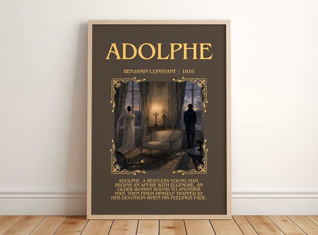 Adolphe Minimalist Book Poster by Benjamin Constant – framed print leaning on a wooden floor