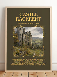 Castle Rackrent Minimalist Book Poster by Maria Edgeworth – framed print leaning on a wooden floor