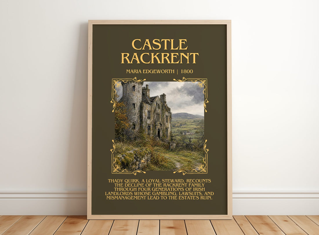 Castle Rackrent Minimalist Book Poster by Maria Edgeworth – framed print leaning on a wooden floor