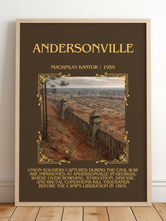 Andersonville Minimalist Book Poster by MacKinlay Kantor – framed print leaning on a wooden floor