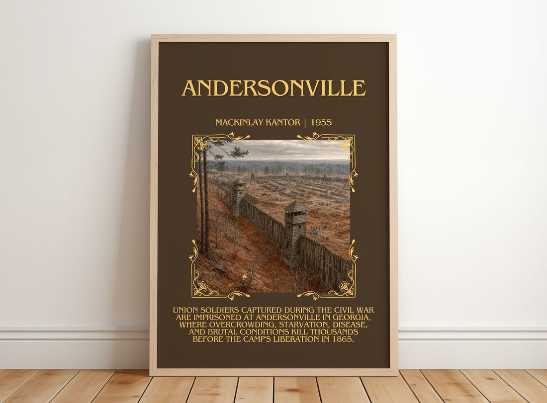 Andersonville Minimalist Book Poster by MacKinlay Kantor – framed print leaning on a wooden floor