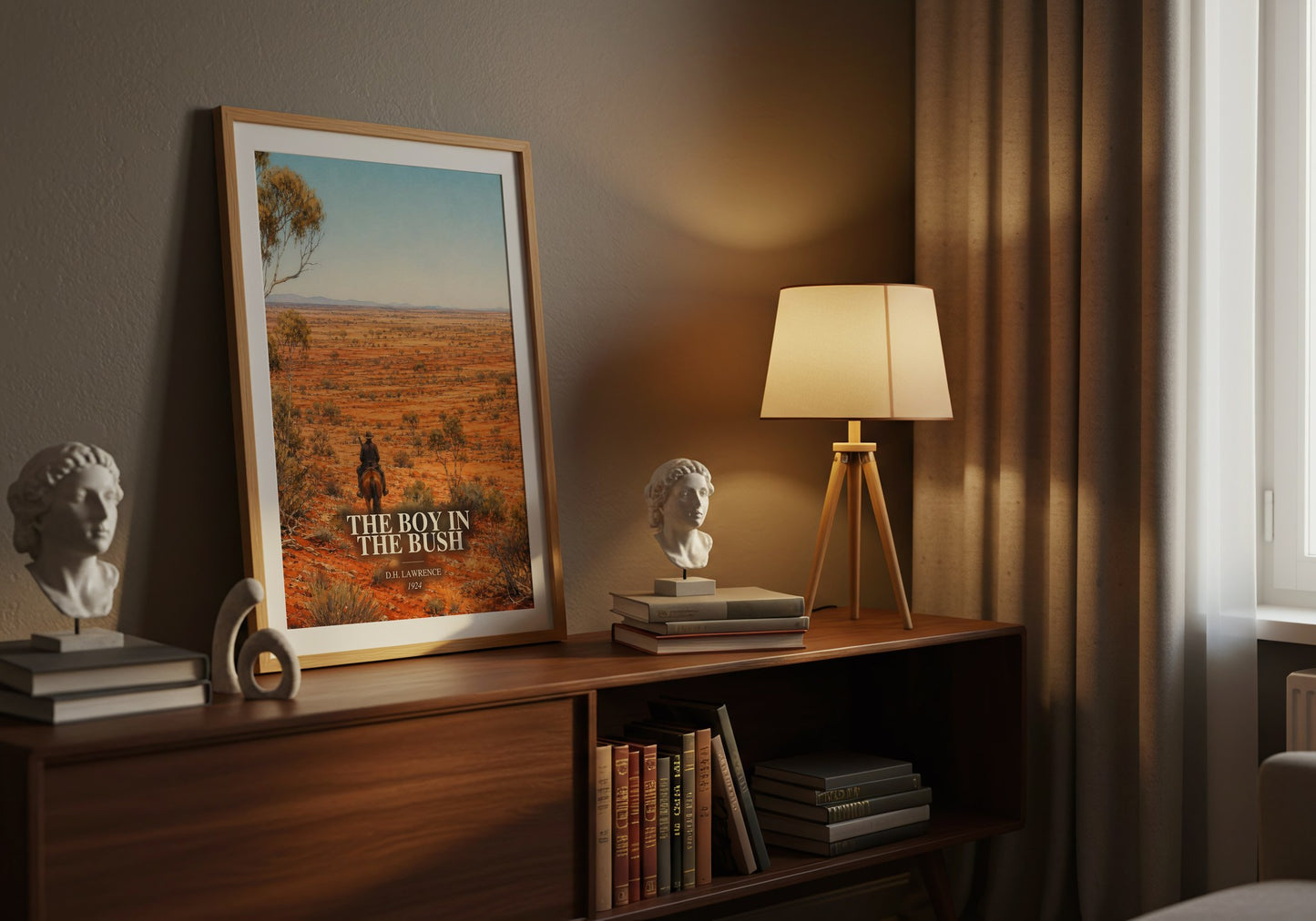 The Boy In The Bush watercolour print on bookshelf – D.H. Lawrence fan gift