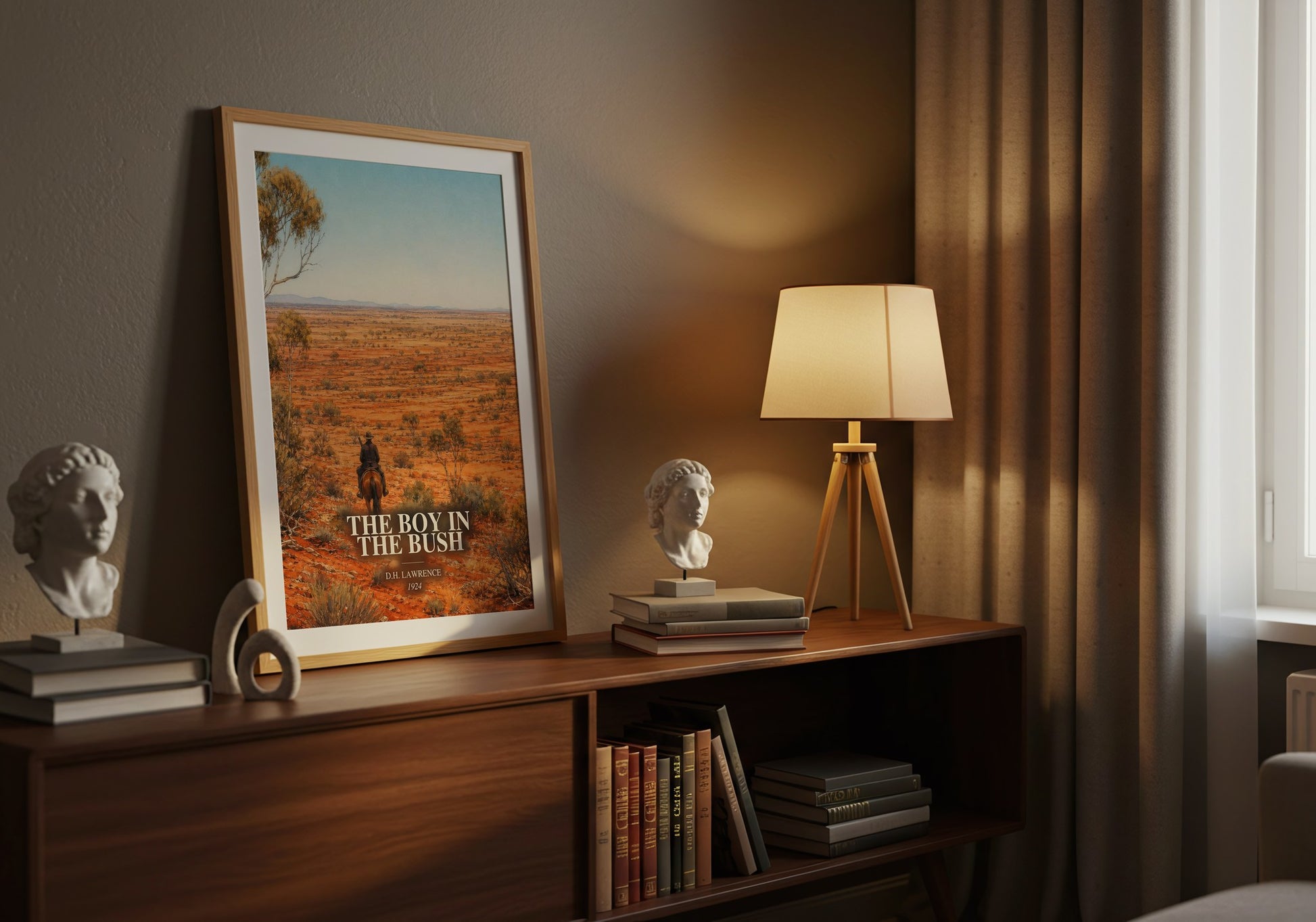 The Boy In The Bush watercolour print on bookshelf – D.H. Lawrence fan gift