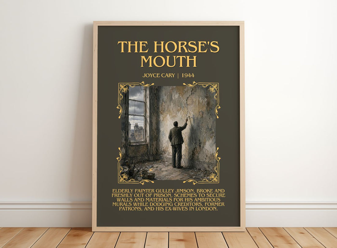 The Horse's Mouth Minimalist Book Poster by Joyce Cary – framed print leaning on a wooden floor