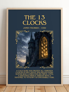The 13 Clocks Minimalist Book Poster by James Thurber – framed print leaning on a wooden floor