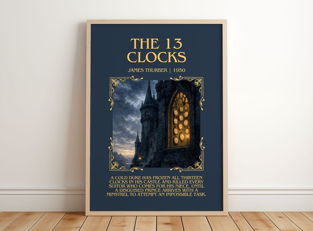 The 13 Clocks Minimalist Book Poster by James Thurber – framed print leaning on a wooden floor