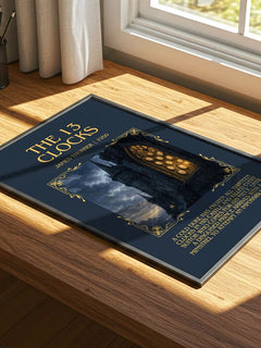 The 13 Clocks Minimalist Book Poster by James Thurber – print on a sunlit desk