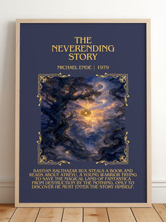 The Neverending Story Minimalist Book Poster by Michael Ende – framed print leaning on a wooden floor