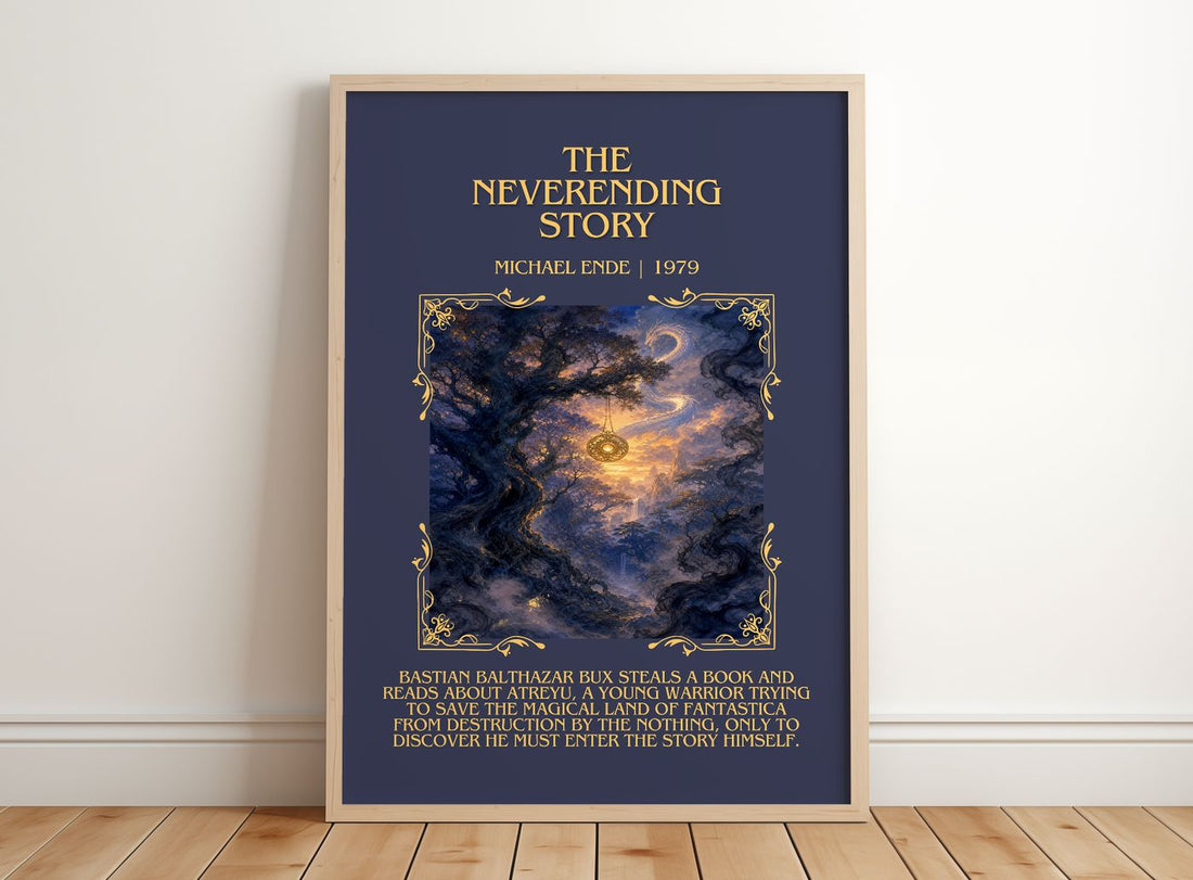 The Neverending Story Minimalist Book Poster by Michael Ende – framed print leaning on a wooden floor