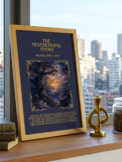 The Neverending Story Minimalist Book Poster by Michael Ende – framed print on a city-view windowsill