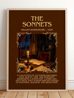 The Sonnets Minimalist Book Poster by William Shakespeare – framed print leaning on a wooden floor