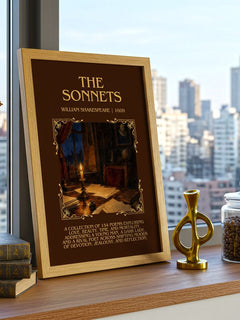 The Sonnets Minimalist Book Poster by William Shakespeare – framed print on a city-view windowsill