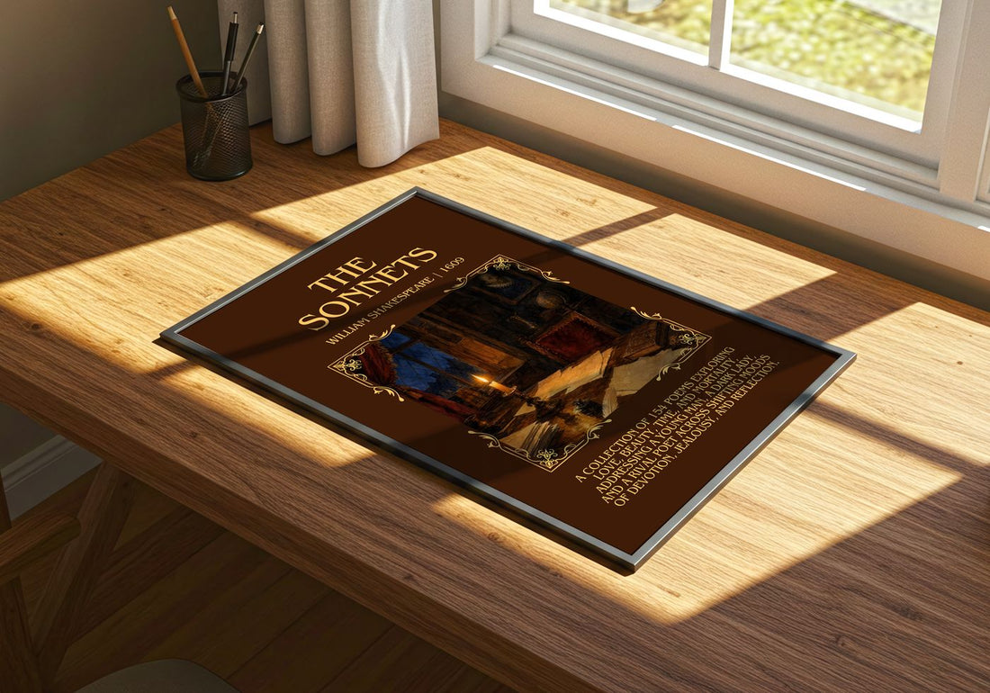 The Sonnets Minimalist Book Poster by William Shakespeare – print on a sunlit desk