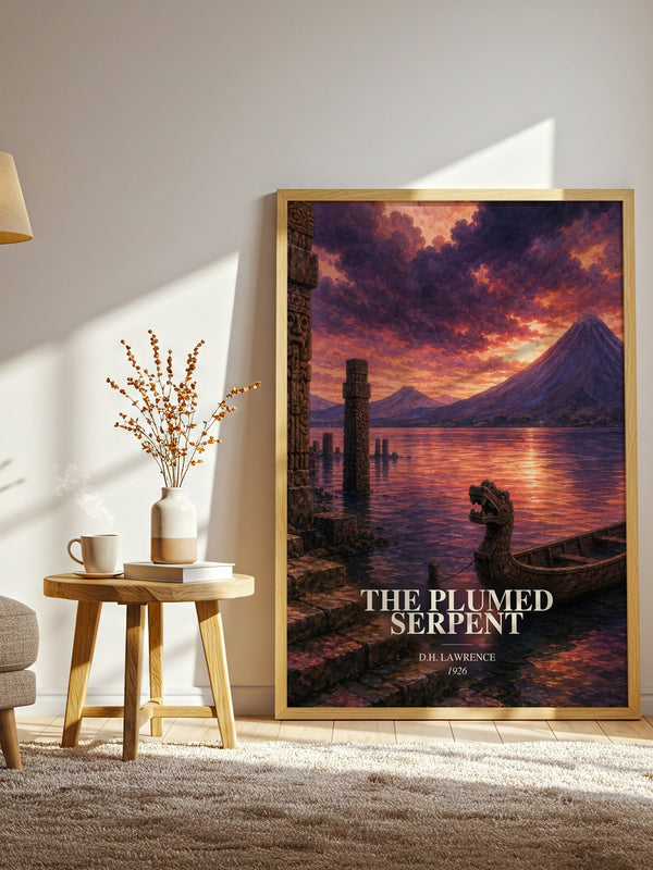 The Plumed Serpent watercolour print in frame leaning in hallway – literary fiction wall art