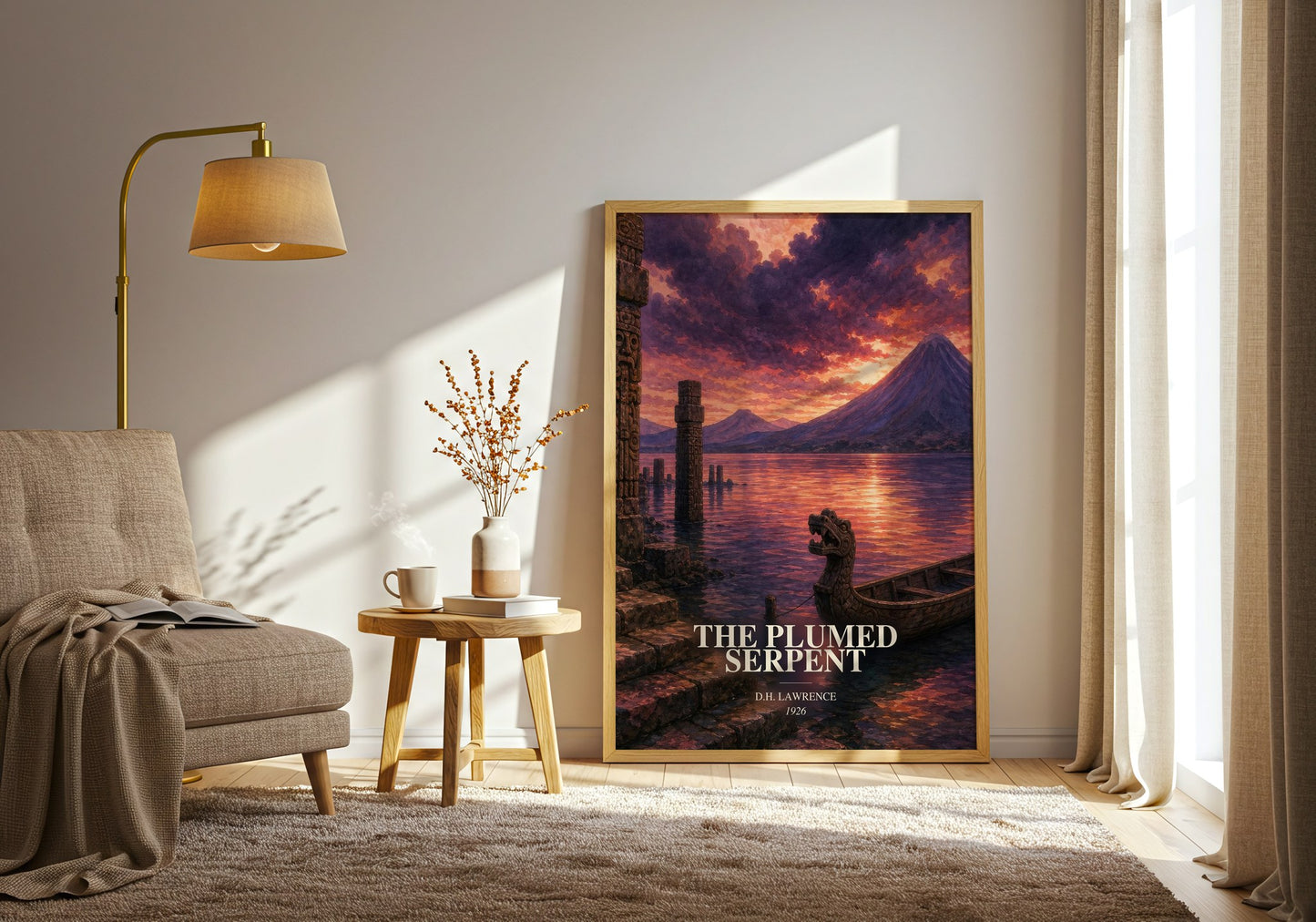The Plumed Serpent watercolour print in frame leaning in hallway – literary fiction wall art