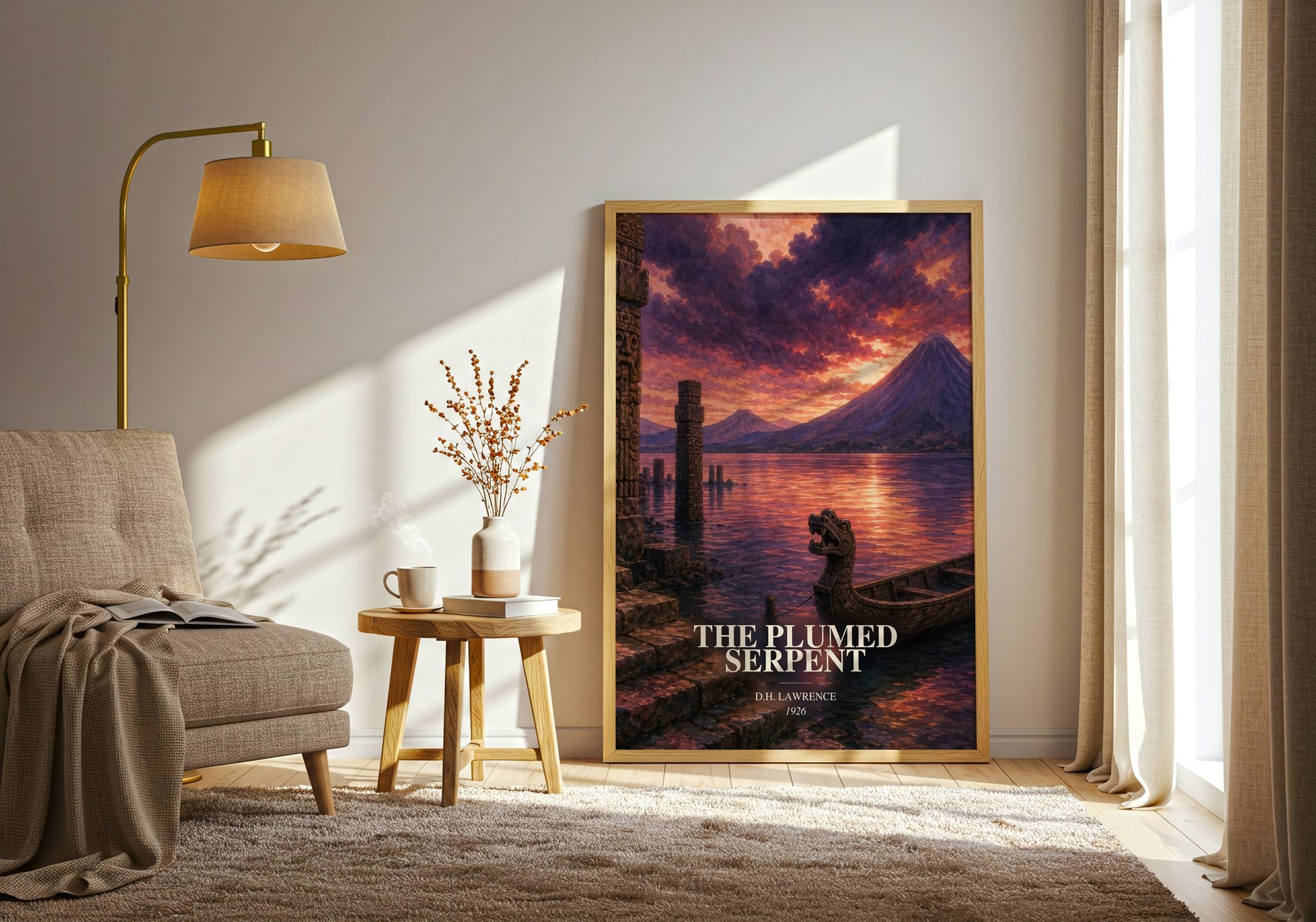 The Plumed Serpent watercolour print in frame leaning in hallway – literary fiction wall art