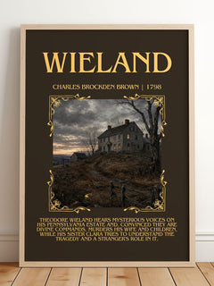 Wieland Minimalist Book Poster by Charles Brockden Brown – framed print leaning on a wooden floor