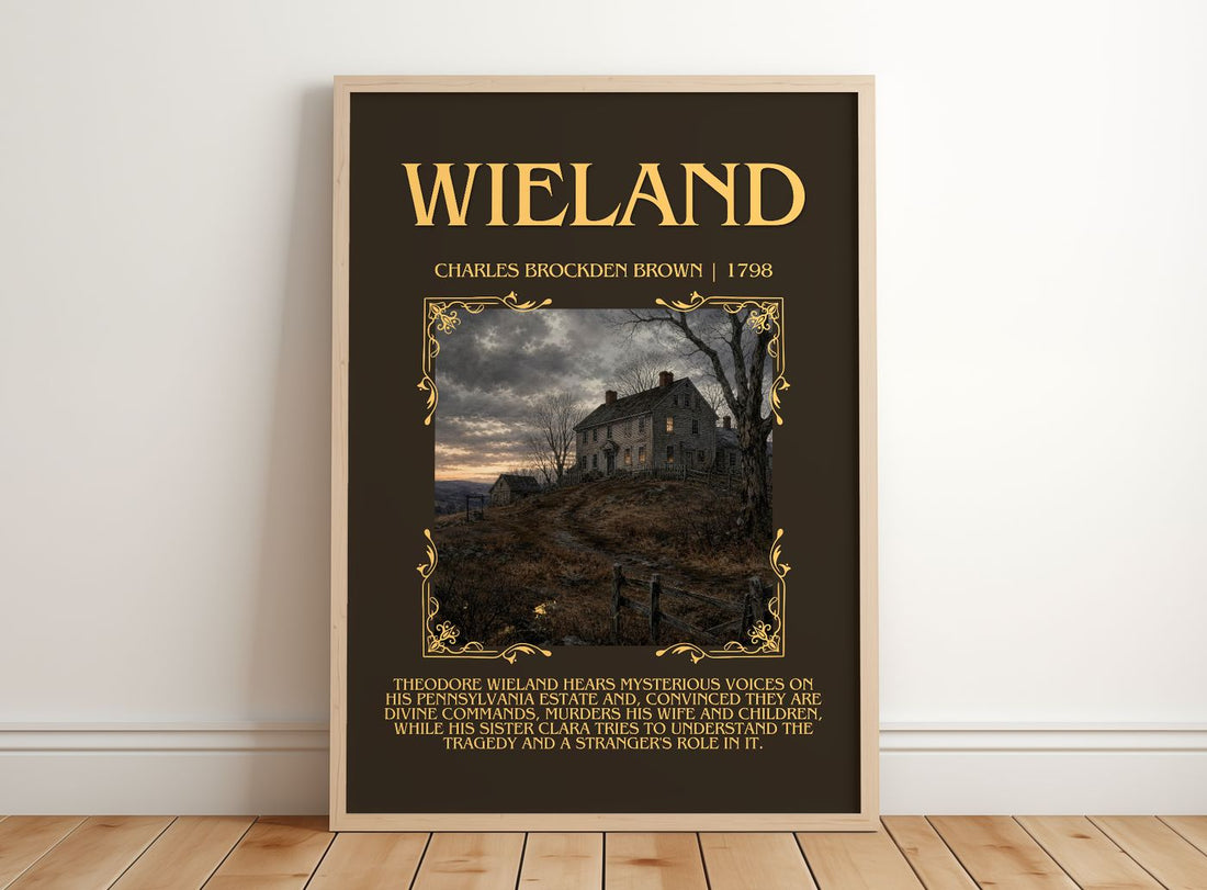 Wieland Minimalist Book Poster by Charles Brockden Brown – framed print leaning on a wooden floor