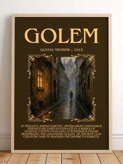 Golem Minimalist Book Poster by Gustav Meyrink – framed print leaning on a wooden floor