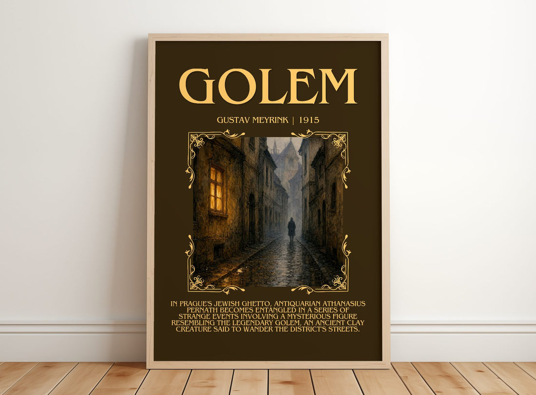 Golem Minimalist Book Poster by Gustav Meyrink – framed print leaning on a wooden floor