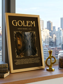 Golem Minimalist Book Poster by Gustav Meyrink – framed print on a city-view windowsill
