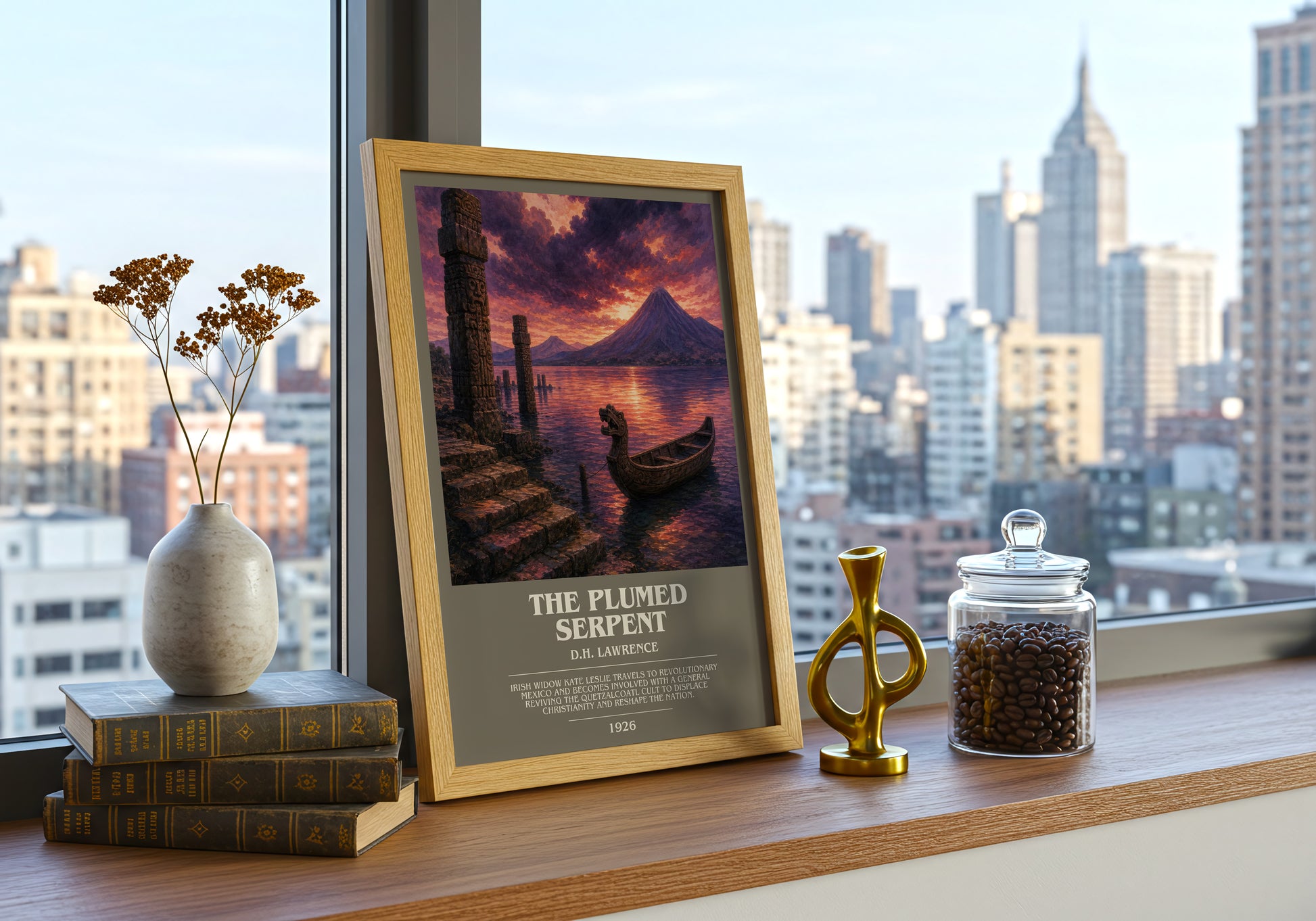 The Plumed Serpent bookish print framed by window – literary home decor