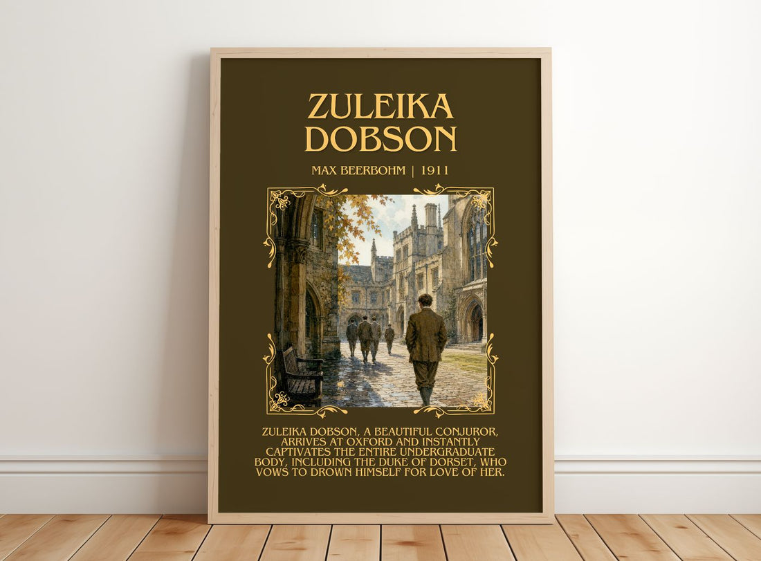 Zuleika Dobson Minimalist Book Poster by Max Beerbohm – framed print leaning on a wooden floor