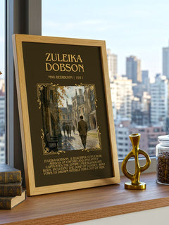 Zuleika Dobson Minimalist Book Poster by Max Beerbohm – framed print on a city-view windowsill