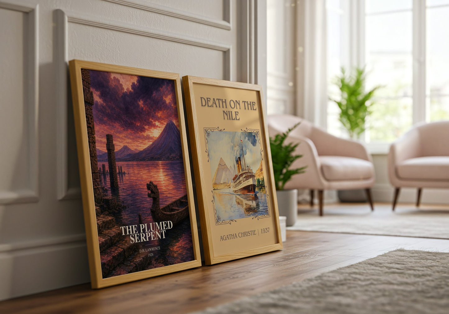 The Plumed Serpent watercolour print framed by window – literary home decor