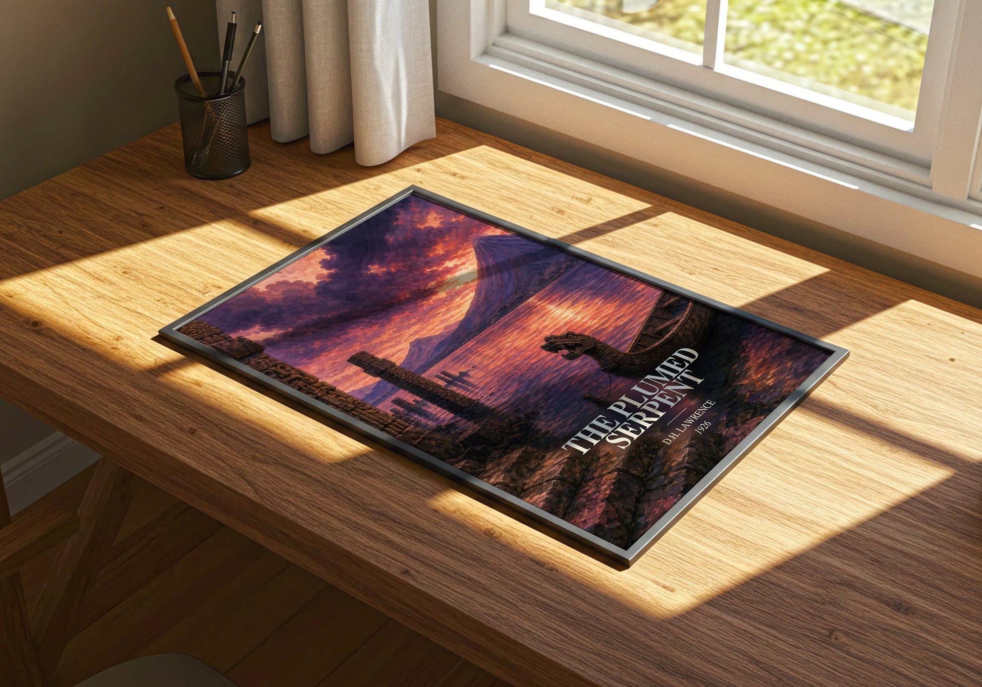 The Plumed Serpent watercolour book poster framed on wall – literary fiction wall art
