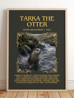 Tarka the Otter Minimalist Book Poster by Henry Williamson – framed print leaning on a wooden floor