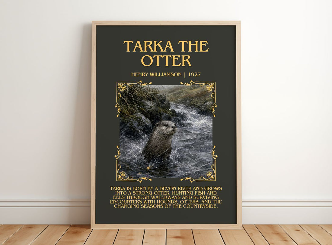 Tarka the Otter Minimalist Book Poster by Henry Williamson – framed print leaning on a wooden floor