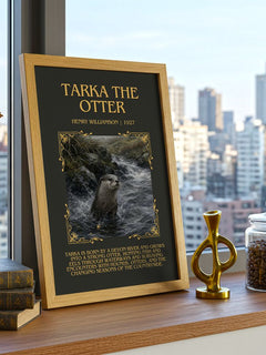 Tarka the Otter Minimalist Book Poster by Henry Williamson – framed print on a city-view windowsill
