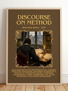 Discourse on Method Minimalist Book Poster by Rene Descartes – framed print leaning on a wooden floor