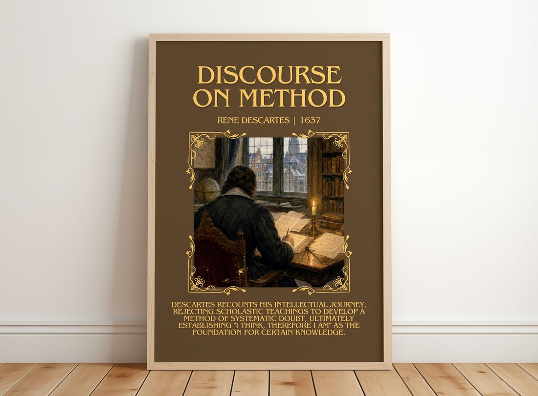 Discourse on Method Minimalist Book Poster by Rene Descartes – framed print leaning on a wooden floor