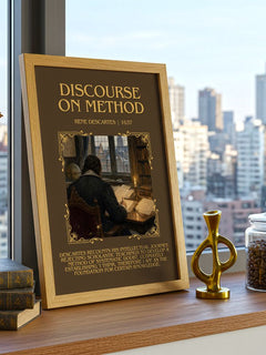 Discourse on Method Minimalist Book Poster by Rene Descartes – framed print on a city-view windowsill