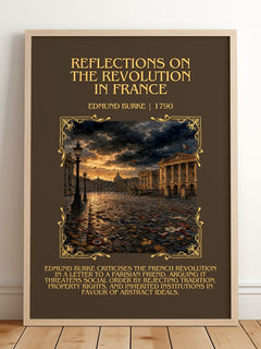 Reflections on the Revolution in France Minimalist Book Poster by Edmund Burke – framed print leaning on a wooden floor