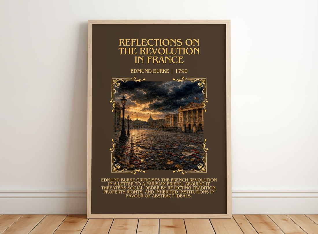 Reflections on the Revolution in France Minimalist Book Poster by Edmund Burke – framed print leaning on a wooden floor
